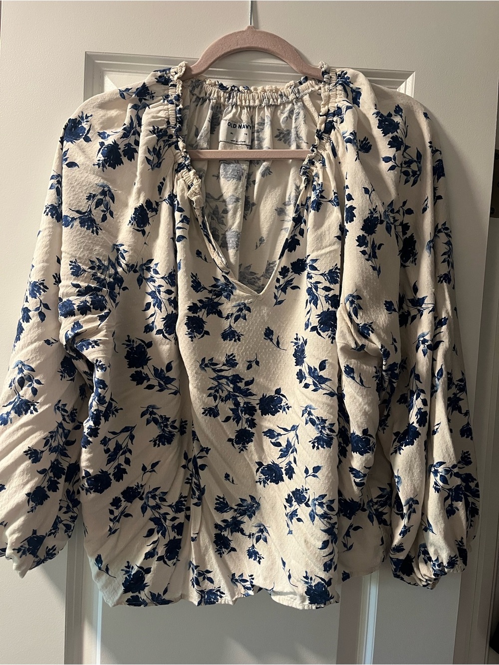 Old Navy Cream Blouse with Navy Floral Pattern